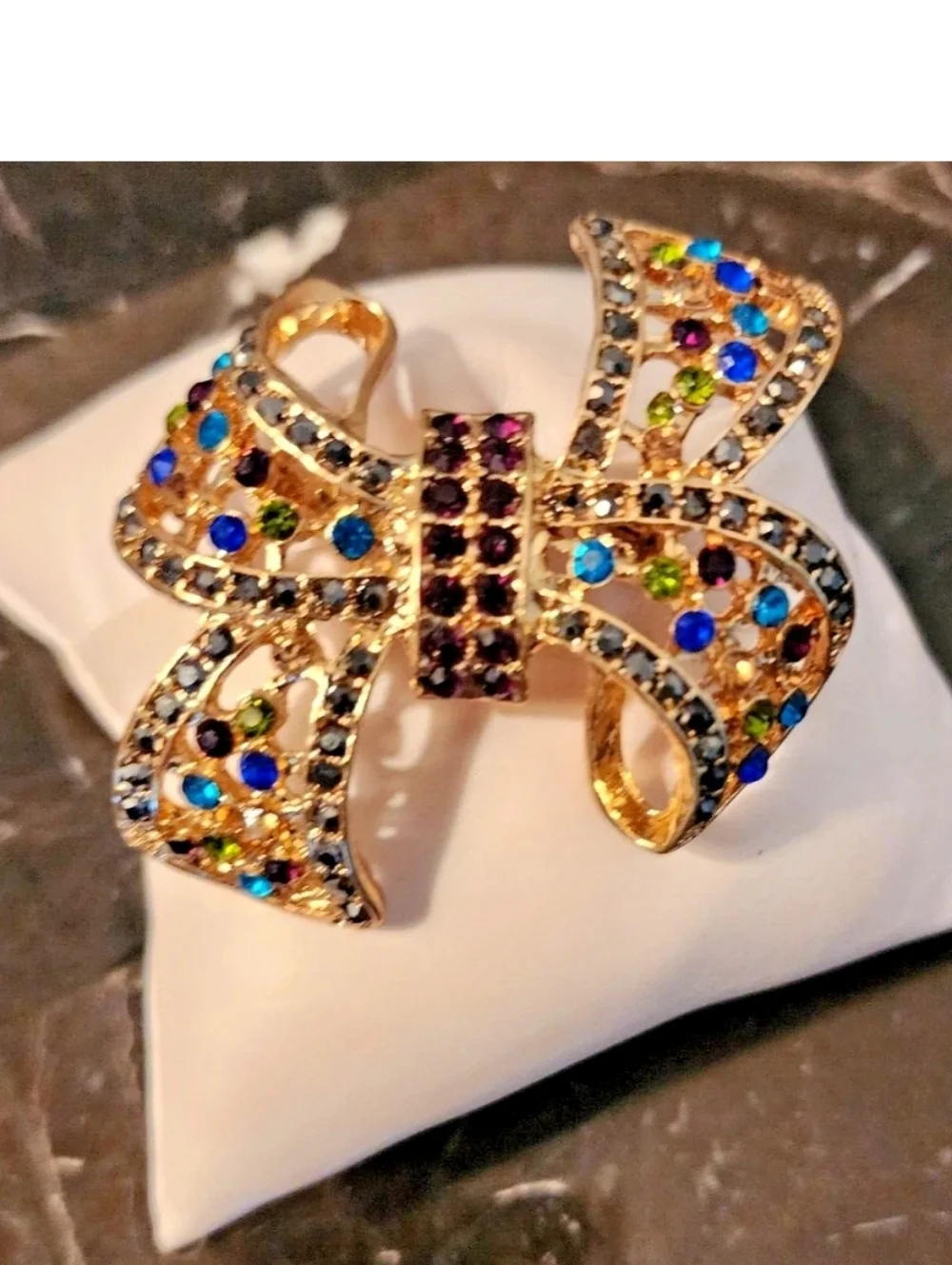 Bow Vintage Brooch  Gold Tone with Multicolor Rhinestones - Picture 8 of 10